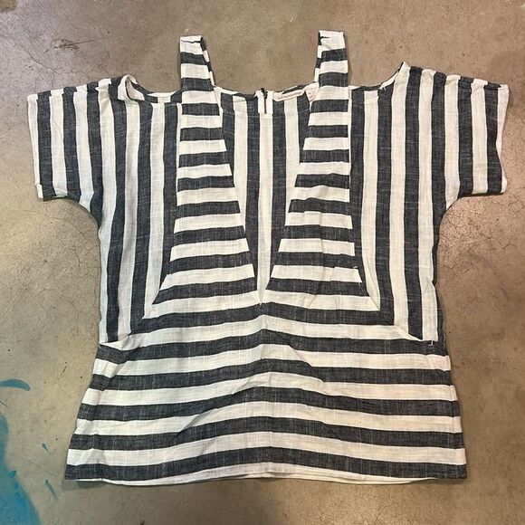 Soft Surroundings Sunset Linen Cold Shoulder White Grey Tunic Top C28 - Picture 6 of 9